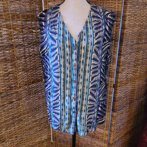 VTG NWT Timbuktu Station Blue Beige Button Sleeveless Blouse Sz M USA Made